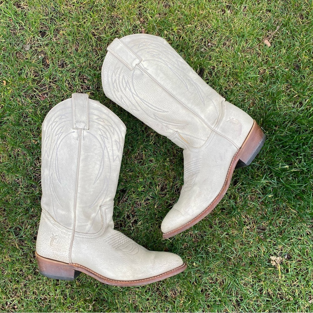 Frye genuine leather cream grey western pull on cowboy boots 10